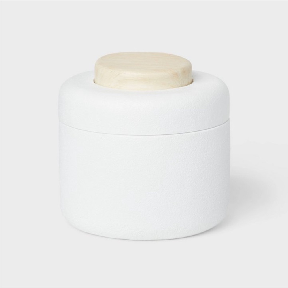 THRESHOLD NWT modern resin bath canister wood top -white